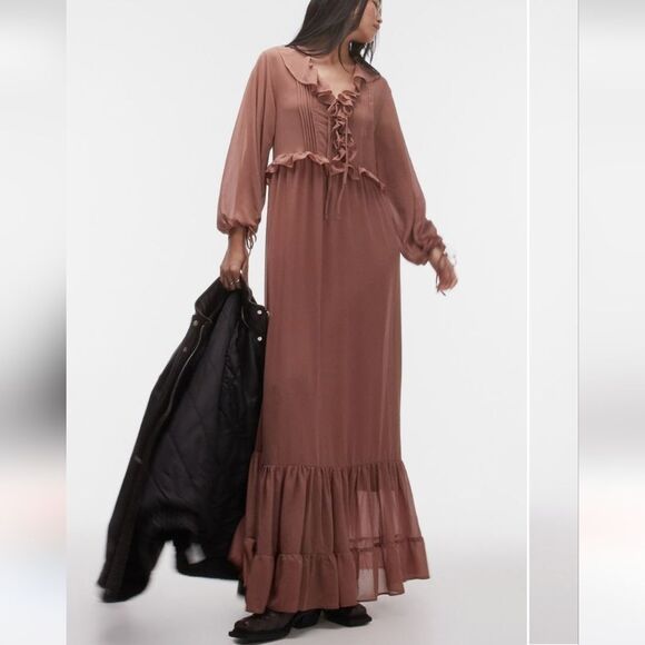 TOPSHOP Raffle Long Sleeve Chiffon Maxi Dresz, - Picture 4 of 6